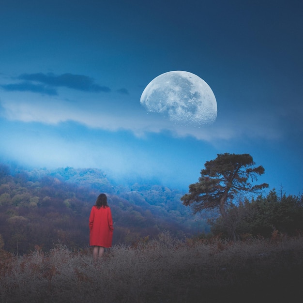Vista posteriore di una femmina con un cappotto rosso che guarda giù nella foresta di notte