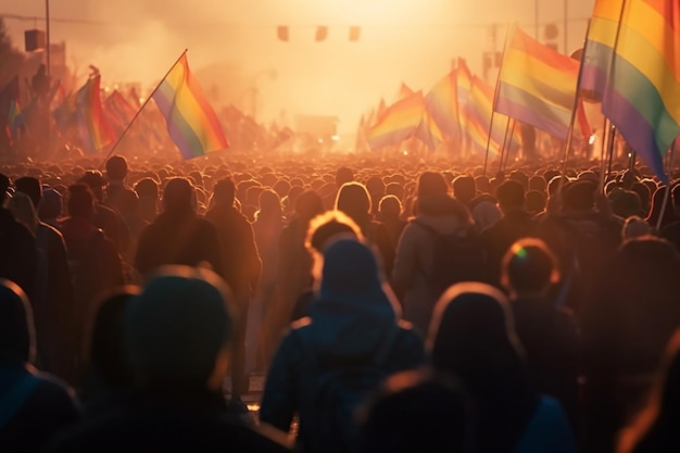 Vista posteriore di una folla alla parata LGBTQ Generative AI