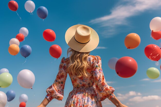 Vista posteriore di una gioiosa giovane donna con il braccio alzato in alto tenendo un vibrante mazzo di palloncini