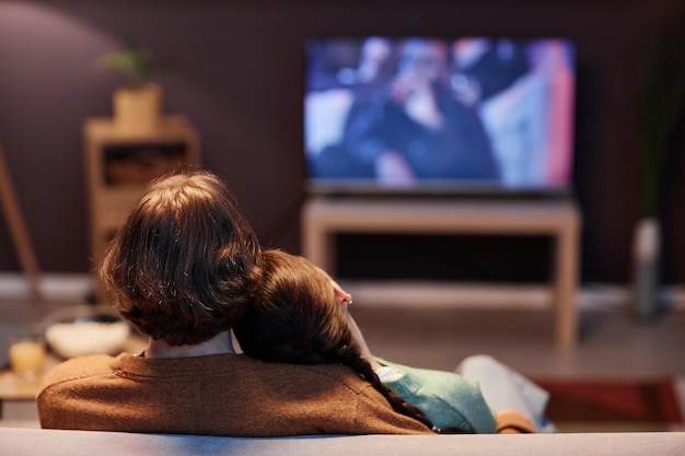 Vista posteriore di una giovane coppia che guarda la tv insieme a casa seduta sul divano al buio