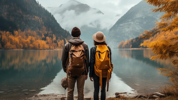 Vista posteriore di una giovane coppia con zaini in piedi davanti al lago di montagna in autunno