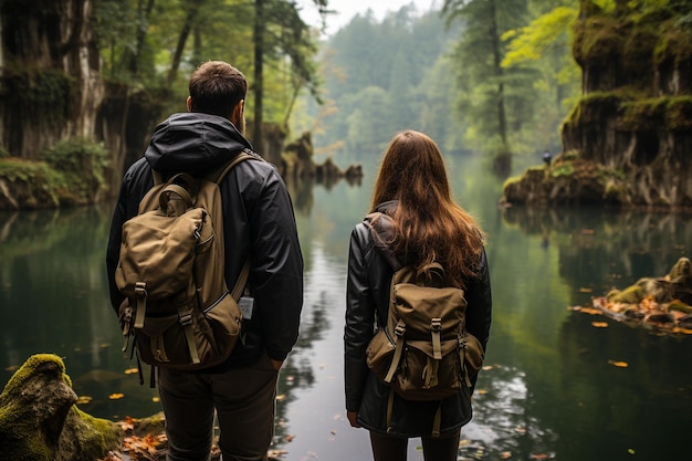 Vista posteriore di una giovane coppia con zaini in piedi vicino al lago nella foresta