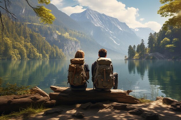 Vista posteriore di una giovane coppia con zaini seduta su un tronco e guardando il lago di montagna