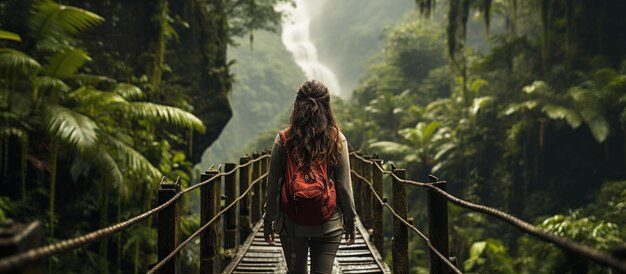 Vista posteriore di una giovane donna che cammina su un ponte sospeso nella foresta pluviale