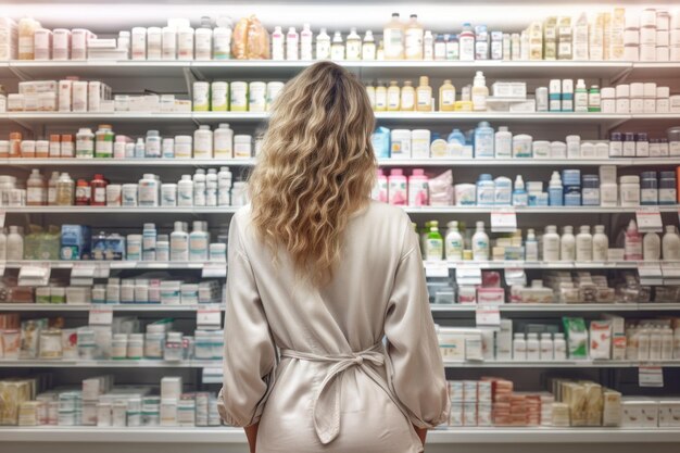 Vista posteriore di una giovane donna con una borsa in piedi contro uno scaffale in farmacia