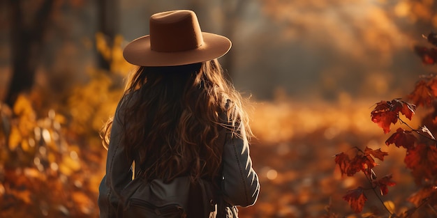 Vista posteriore di una giovane donna con uno zaino che cammina nel parco d'autunno Media mista