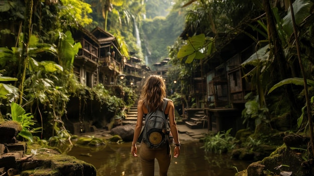 Vista posteriore di una giovane donna con uno zaino che guarda una cascata a Bali, in Indonesia