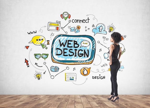 Vista posteriore di una giovane donna di affari afroamericana che indossa un abito e tacchi alti. Uno sfondo di muro di cemento con uno schizzo di web design su di esso.