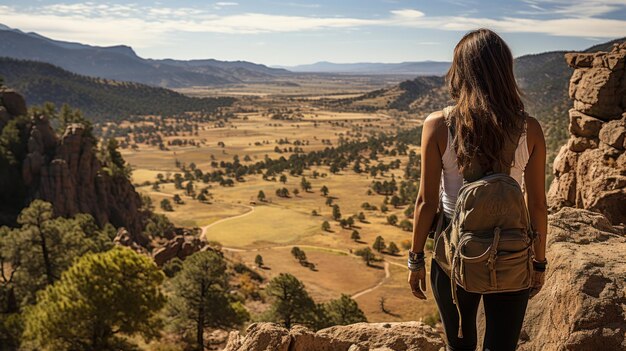 Vista posteriore di una giovane donna escursionista con uno zaino che guarda un bellissimo paesaggio in Colorado