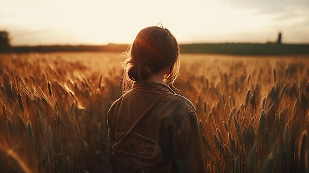 Vista posteriore di una giovane donna in un campo di grano al tramontogenerativo ai