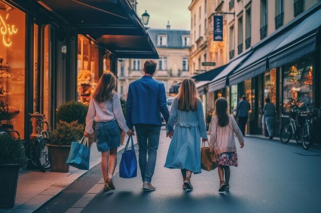 Vista posteriore di una giovane famiglia che cammina per strada con le borse della spesa IA generativa