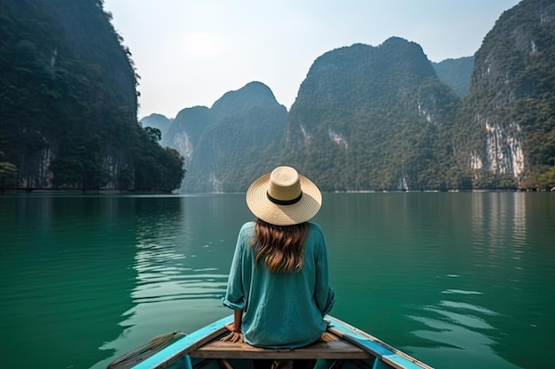 Vista posteriore di una giovane turista in abito e cappello a Longtail Boat vicino a Tre rocce con scogliere calcaree al lago Cheow Lan Donna in barca nel parco nazionale di Ratchaprapha Dam Khao Sok in Thailandia