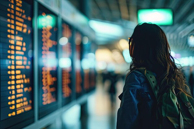 Vista posteriore di una persona con uno zaino che guarda i tabelloni delle partenze dei voli in un terminal aeroportuale affollato