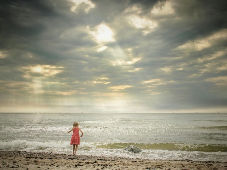 Foto vista posteriore di una ragazza che cammina verso il mare sulla riva contro un cielo nuvoloso