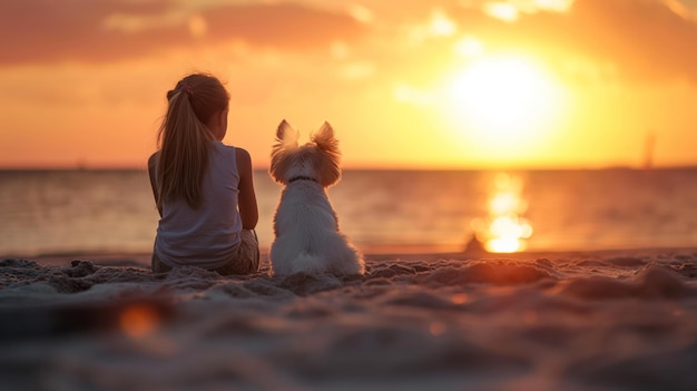 Vista posteriore di una ragazza con il suo cucciolo seduta sulla spiaggia al tramonto