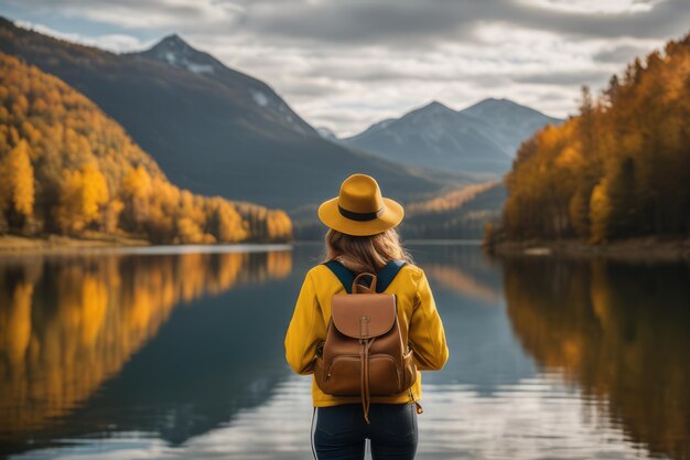 Vista posteriore di una ragazza elegante con uno zaino un cappello e una giacca gialla che guarda la vista delle montagne e del lago mentre si rilassa nella natura autunnale concetto di viaggio