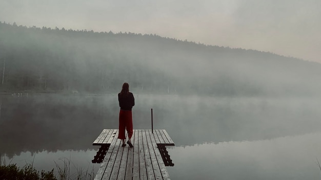 Vista posteriore di una ragazza in piedi sul lago contro il cielo