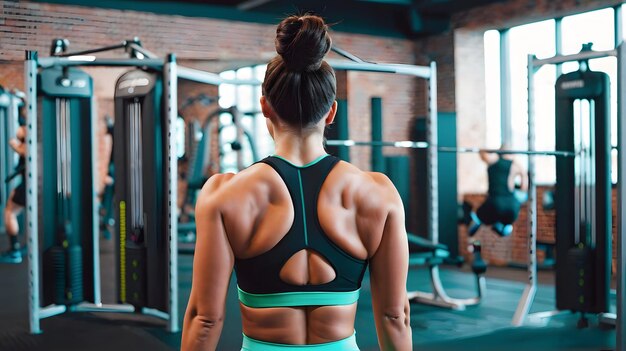 Vista posteriore di una ragazza muscolosa in palestra