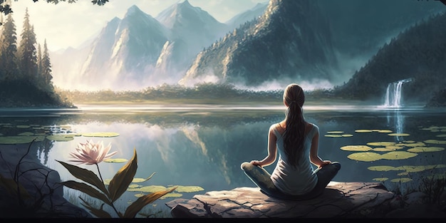 Vista posteriore di una ragazza seduta in una posa di loto che fa yoga al mattino davanti alla bellissima natura