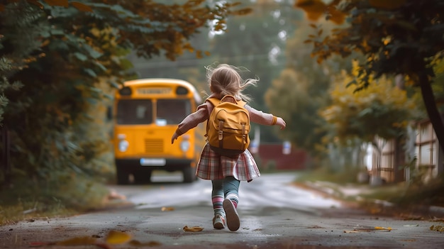 Vista posteriore di una ragazzina con uno zaino che va verso l'autobus scolastico