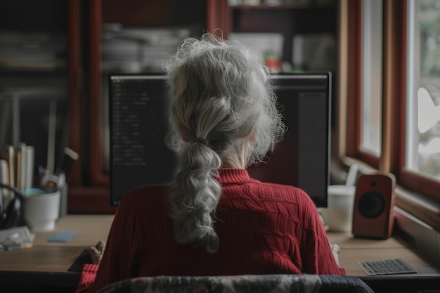 Vista posteriore di una vecchia signora seduta davanti al computer AI generativa