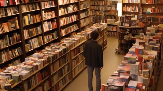 Vista posteriore di uno scolaretto adolescente nella biblioteca scolastica