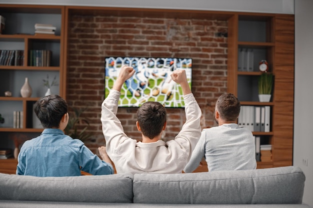 Vista posteriore di uomini che guardano una partita di calcio in tv e si siedono su un divano