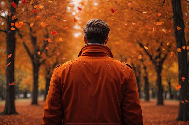 vista posteriore di uomo di moda in autunno parco con foglie d'arancia ai generativo