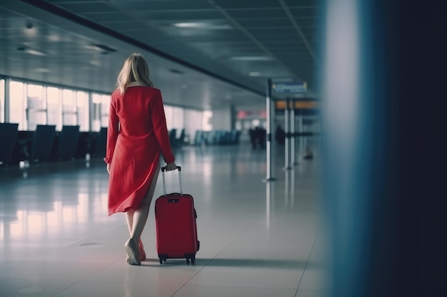 vista posteriore donna che cammina con i bagagli all'aeroporto AI generato