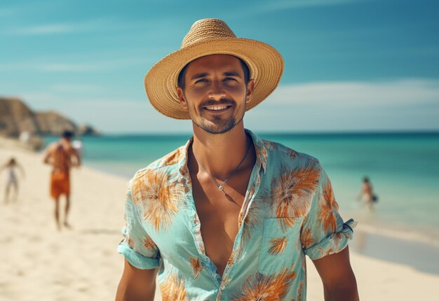 vista posteriore giovane turista in abito estivo e cappello in piedi sulla bellissima spiaggia sabbiosa godendo