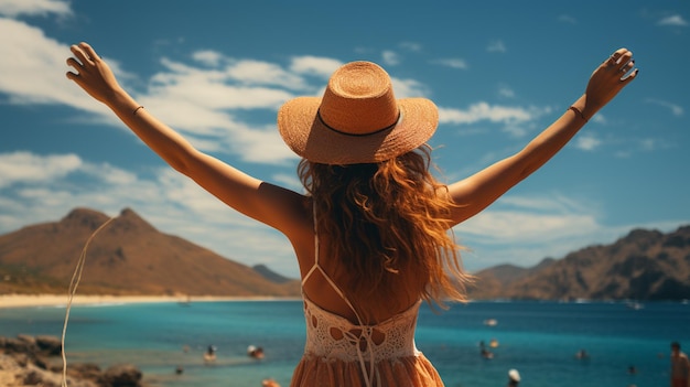 Vista posteriore L'aumento della donna alza le mani sulla spiaggia estiva Generativo Ai