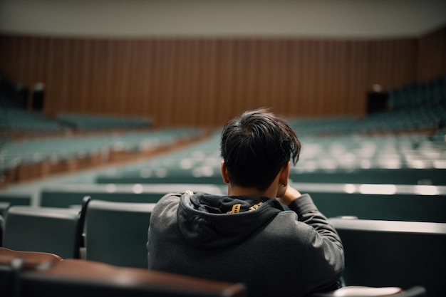 vista posteriore ravvicinata di uno studente triste seduto da solo in un'aula magna