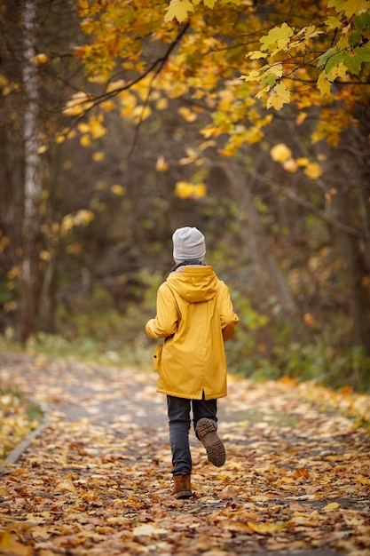 Vista posteriore sul bambino che corre Bambino che cammina nel parco il giorno d'autunno Stile di vita di campagna