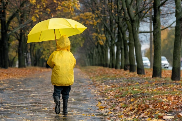 Vista posteriore sul ragazzo con un ombrello che cammina sotto la pioggia nel parco autunnale Bambino sulla passeggiata