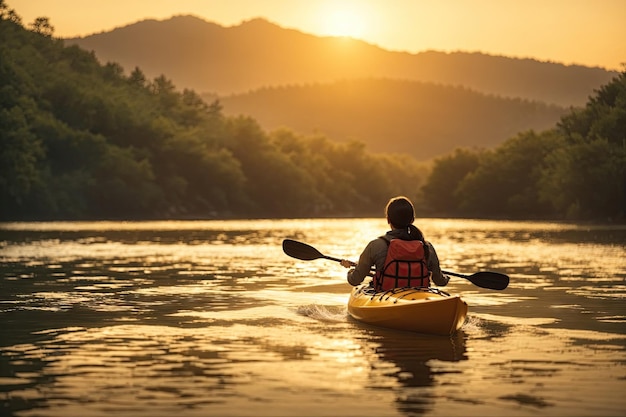 vista posteriore un uomo in canoa galleggia lungo il fiume in modo generativo