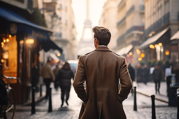 vista posteriore uomo che cammina per Parigi viaggio uomo con blog di viaggi paesaggistici