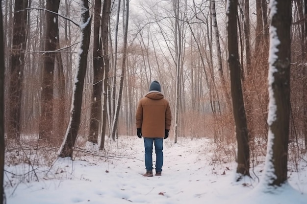 vista posteriore uomo Passeggiata nella foresta invernale
