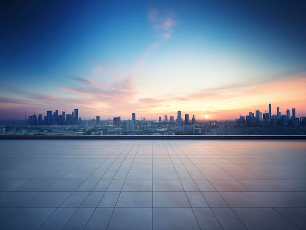 Vista prospettica del pavimento vuoto e del moderno edificio sul tetto con scena cittadina