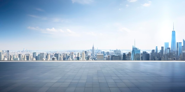 Vista prospettica del pavimento vuoto e del moderno edificio sul tetto con scena cittadina