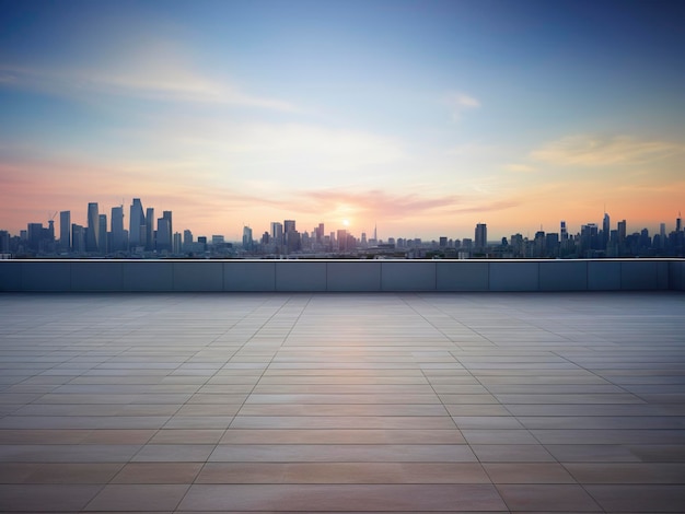 Vista prospettica del pavimento vuoto e del moderno edificio sul tetto con scena cittadina