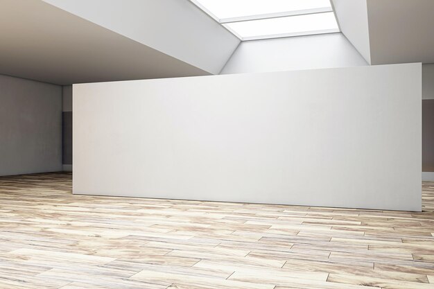 Vista prospettica della moderna galleria luminosa con sfondo muro bianco vuoto e pavimento in legno 3D Rendering mockup