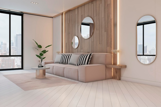 Vista prospettica su ampio soggiorno con divano rosa chiaro tavolino in marmo su pavimento in legno e vista sulla città da eleganti finestre con rendering 3D