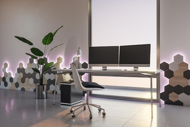 Vista prospettica su un posto di lavoro elegante con computer moderni in un ufficio interno leggero con pavimento lucido pianta verde vicino a pareti decorate con luce viola e rendering 3D della finestra