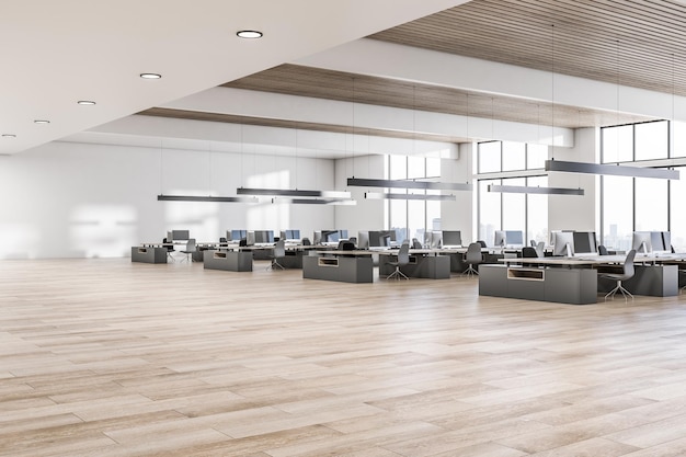 Vista prospettica su uno spazioso ufficio di coworking soleggiato con posti di lavoro moderni e scuri con lampade per computer appese a pareti bianche con soffitto a doghe in legno e vista sulla città da grandi finestre rendering 3D