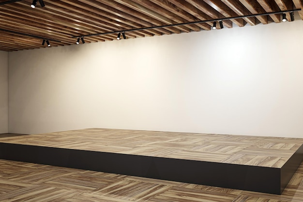 Vista prospettica sul podio marrone vuoto con posto per la presentazione del prodotto o dell'auto sul pavimento di legno nella sala astratta con sfondo muro chiaro 3D rendering mock up