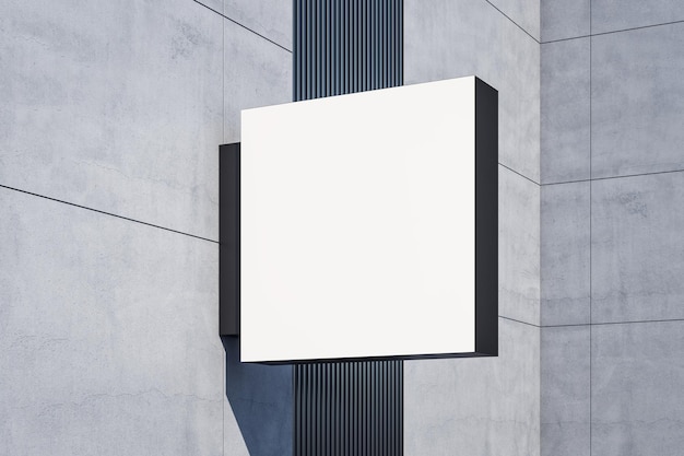 Vista prospettica sullo schermo quadrato bianco illuminato bianco sulla parete grigia dell'edificio moderno con posto per il tuo logo o nome dell'azienda mockup di rendering 3D