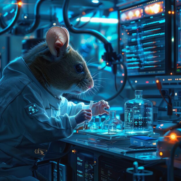 Vista quadrata di uno scienziato topo che riflette sui codici genetici circondato da attrezzature di laboratorio ad alta tecnologia