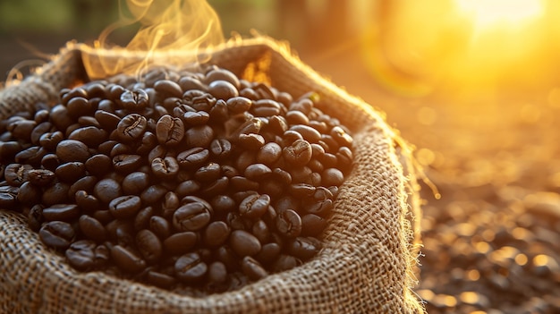 Vista ravvicinata dei chicchi di caffè con vapore in Burlap