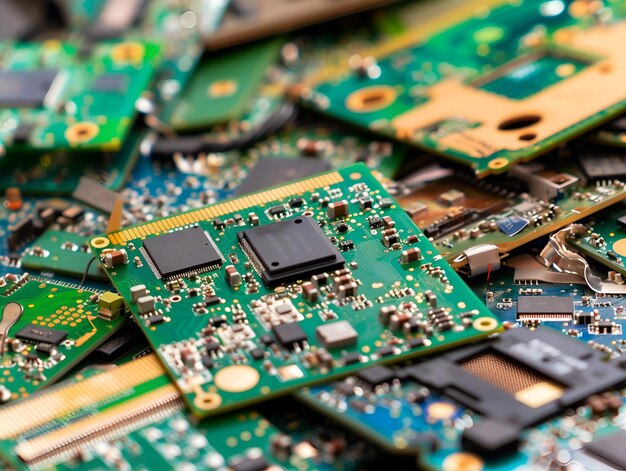 Vista ravvicinata dei chipset di vecchi dispositivi elettronici Concetto di rifiuti elettronici e riciclaggio