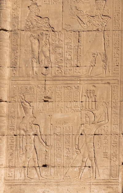 Vista ravvicinata dei geroglifici egiziani tradizionali sul muro nel tempio di Horus Edfu ad Aswan Egitto